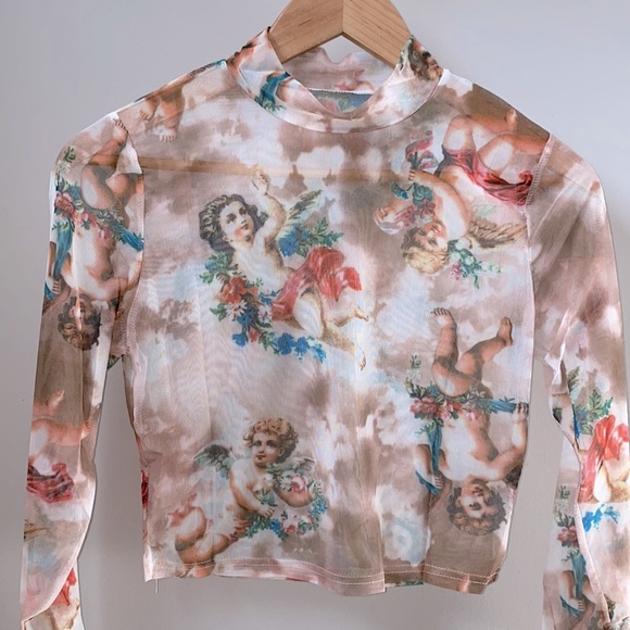 Floral Cherub Long Sleeve Crop Top  ~ Brand New - Picture 4 of 10